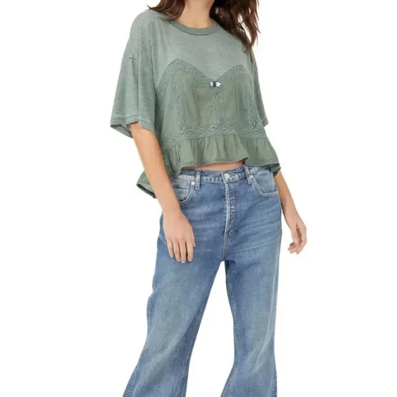 NWT Free People - Fall in Love Lace Inset T-Shirt.Color - Washed Army, Size - XL - Picture 6 of 8